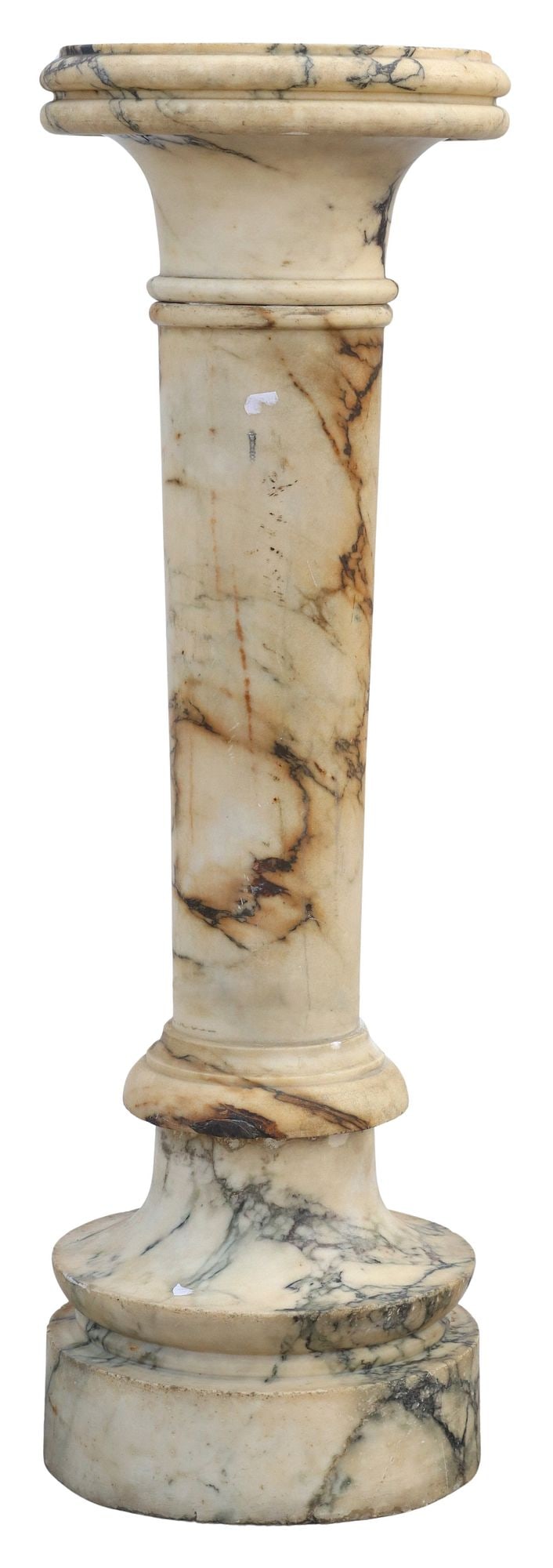 VARIEGATED MARBLE COLUMNAR DISPLAY PEDESTAL OR PLANT STAND, 42"H: Neoclassical style variegated marble display pedestal/ plant stand, having circular top and smooth standard, rising on integral platform base, intact with two divots to display top and chipping throug