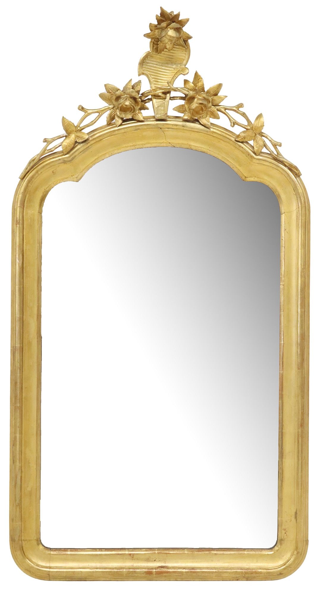 ITALIAN SAMPIERDARENA GILTWOOD FLORAL WALL MIRROR: Italian giltwood wall mirror, Sampierdarena, Genoa, late 19th c., having floral crest with foliate branch motifs, above shaped frame, encasing flat mirror plate, stamped S.H.C. S. Pier D'Arena to 
