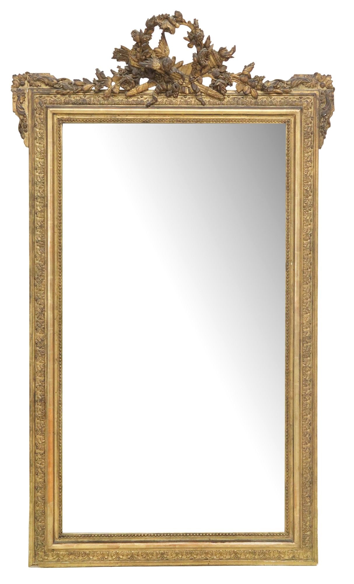FRENCH LOUIS XVI STYLE GILT PAINTED WOOD & GESSO BEVELED WALL MIRROR: French Louis XVI style gilt painted wood and gesso mirror, late 19th c., having pierced floral crest with central bird, flanked by crossed torch and quiver of arrows, above molded frame with beaded tr