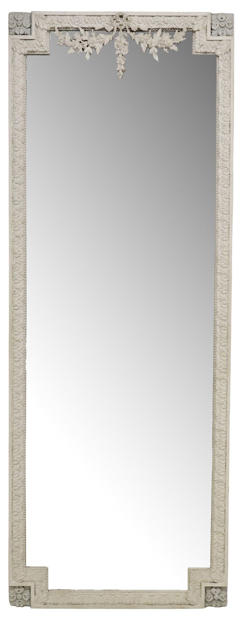 LOUIS XVI STYLE PAINT-DECORATED PIER MIRROR, 100.75"H: French Louis XVI style paint-decorated pier mirror, early 20th c., having molded foliate frame with ribbon and swag crest, beaded trim, encasing flat mirror plate, approx 100.75"h, 37.5"w, 132lbs