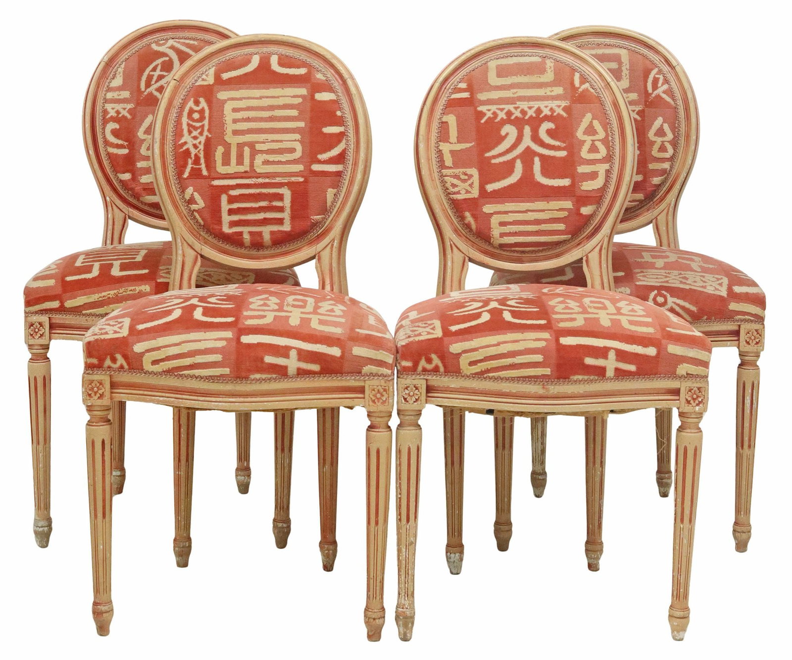 (4) FRENCH LOUIS XVI STYLE PAINTED DINING CHAIRS: (lot of 4) French Louis XVI style side chairs, 20th c., red and cream painted frame, Chinoiserie upholstery with Chinese characters, on tapering fluted legs, approx 36.5"h, 19"w, 17.5"d, seat height: 