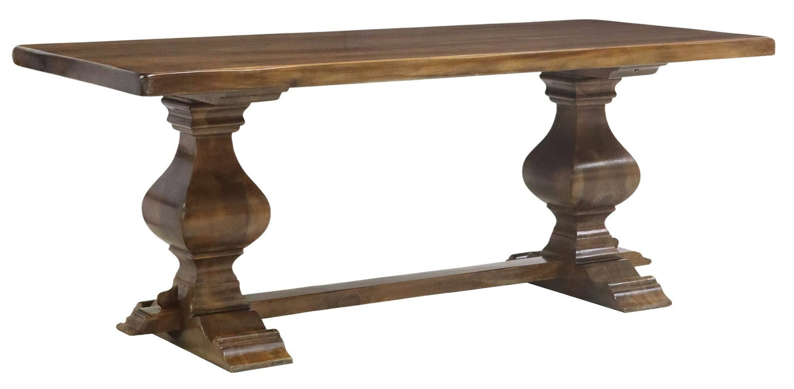 LARGE FRENCH REFECTORY OR MONASTERY DINING TABLE: French refectory/ monastery table, 20th c., having rectangular slab top, rising on bulbous squared supports, joined by H stretcher, ending on molded shoe feet, approx 30.75"h, 79"w, 35"d, floor to bot