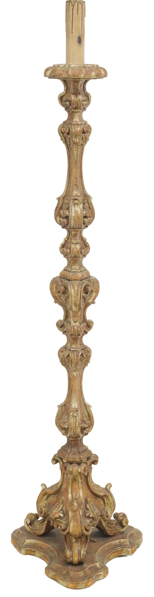 ITALIAN PARCEL-GILT COMPOSITE CANDLE PRICKET FLOOR LAMP: Italian Baroque style parcel-gilt composite floor candlestick, 20th c., now as a floor lamp, having faux candle, over scrolled foliate standard, ending on molded base, in need of socket hardware and w