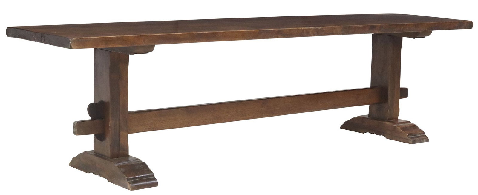 LARGE FRENCH CARVED WALNUT REFECTORY TRESTLE TABLE, 115"L: Large French walnut refectory/ monastery table, early 20th c., having rectangular slab top, rising on squared trestle supports joined by H stretcher, ending on molded shoe base, approx 31"h,