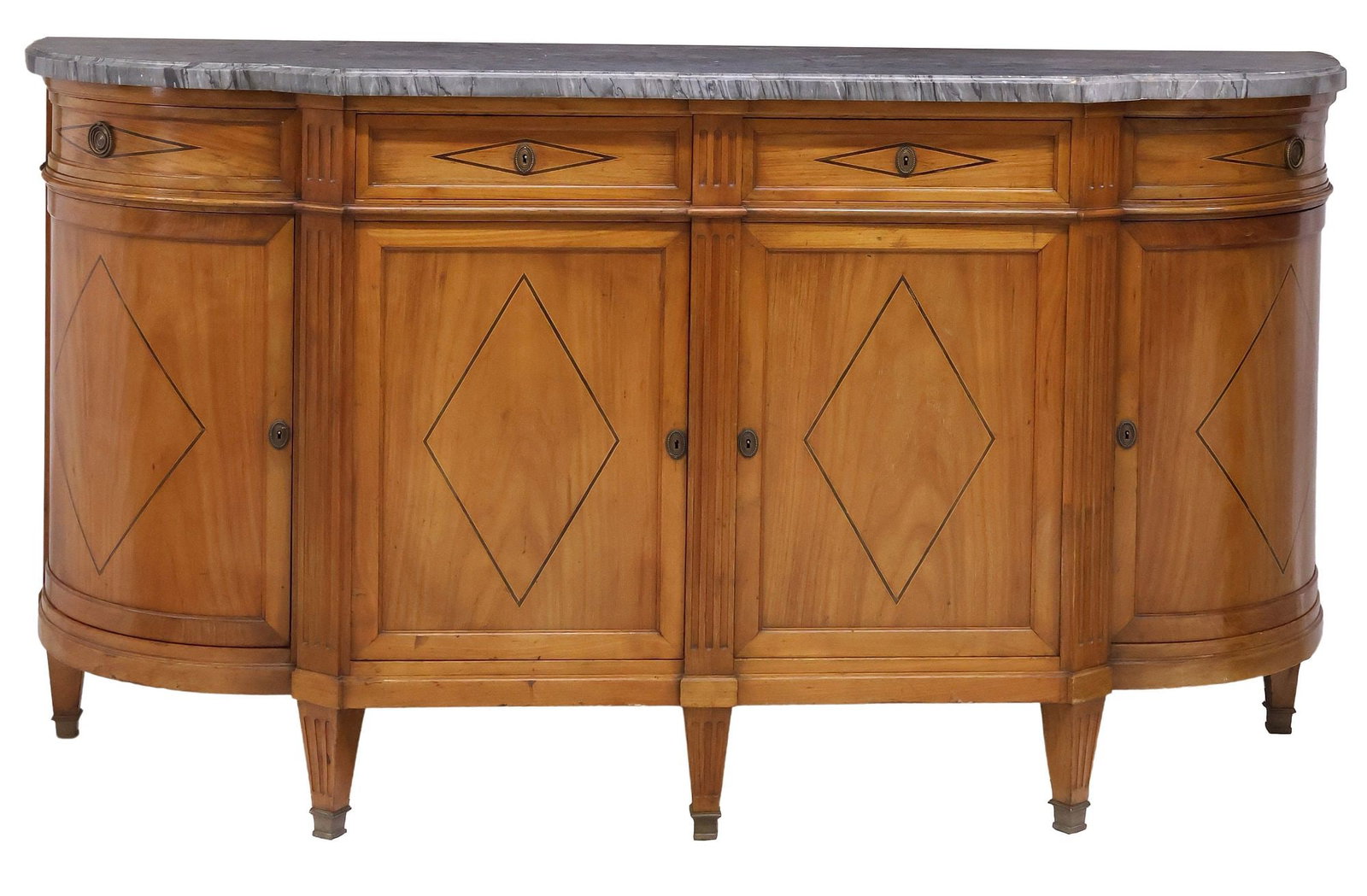 FRENCH DIRECTOIRE STYLE MARBLE-TOP INLAID FRUITWOOD SIDEBOARD: French Directoire style fruitwood sideboard, c. shaped marble top, over conforming breakfront case fitted with four drawers, and four cabinet doors, all with geometric string inlay, and opening to int