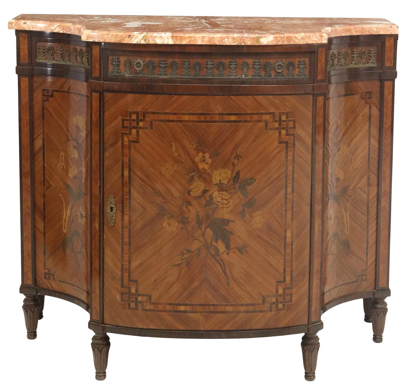 FRENCH LOUIS XVI STYLE MARBLE-TOP MARQUETRY SIDEBOARD: French Louis XVI style sideboard, 20th c., having shaped marble top, above matched veneer case with floral marquetry and banded trim, fitted with single drawer, above cabinet door, revealing shelved i