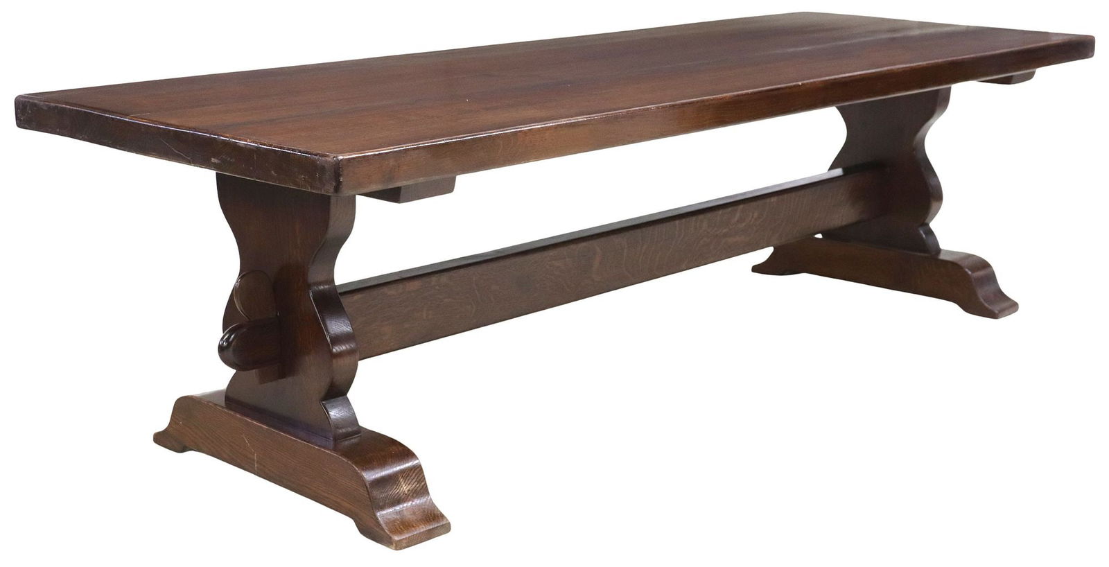 LARGE FRENCH OAK REFECTORY TRESTLE TABLE, 104"L: French oak monastery refectory table, early 20th c., rectangular top comprised of five boards, trestle supports joined by cross stretcher, approx 29"h, 104.25"l, 37"w, fl