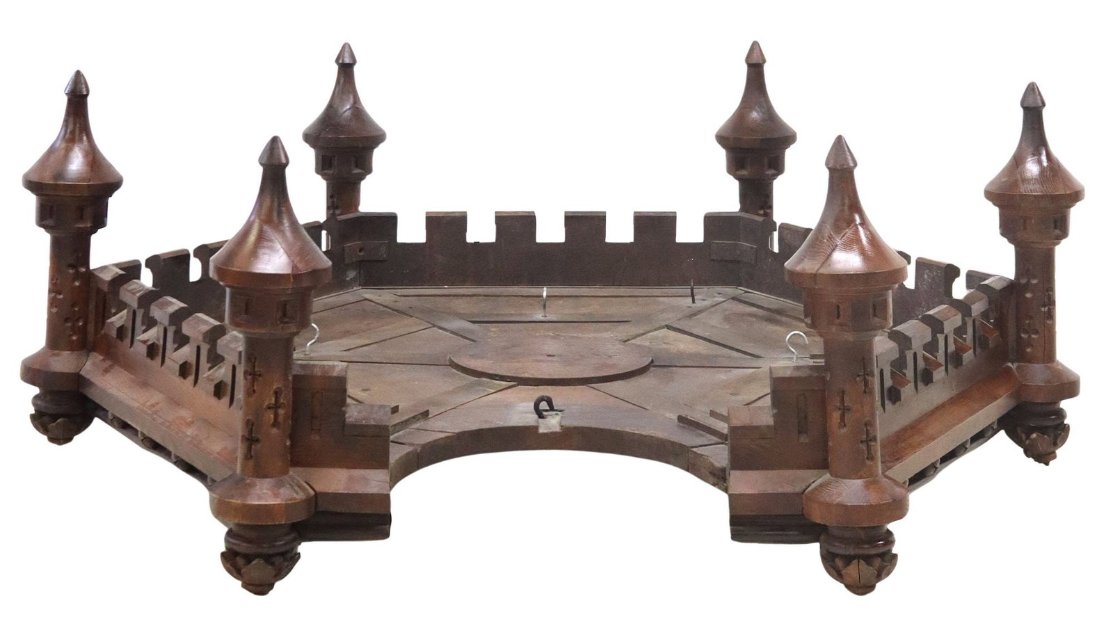FRENCH GOTHIC REVIVAL CARVED OAK 'FORTRESS' ARCHITECTURAL CANOPY: French Gothic Revival carved oak architectural canopy, late 19th c., likely previously used as a gazebo canopy, having hexagonal form, the corner posts in the form of a Gothic fortress watch towers wi