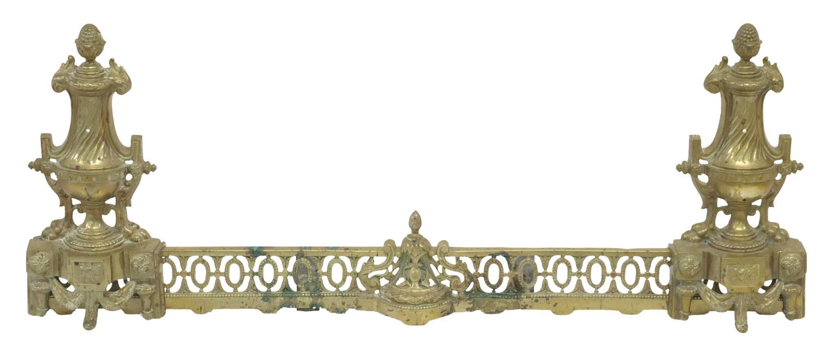 FRENCH LOUIS XVI STYLE BRONZE FIREPLACE CHENETS & FENDER: (3 pieces) French Louis XVI style bronze fireplace chenets and fender, late 19th c., neoclassical urns joined by a pierced fender, (one) chenet marked 2121 CC in the casting, fender marked 2121 P