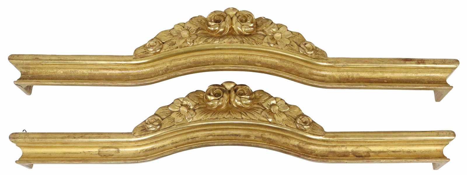 (2) FRENCH GILTWOOD WINDOW PELMETS: (pair) French giltwood curtain pelmets, late 19th c., molded cornice, central arched section with floral cresting, approx 13"h, 67"l, 6.75"w