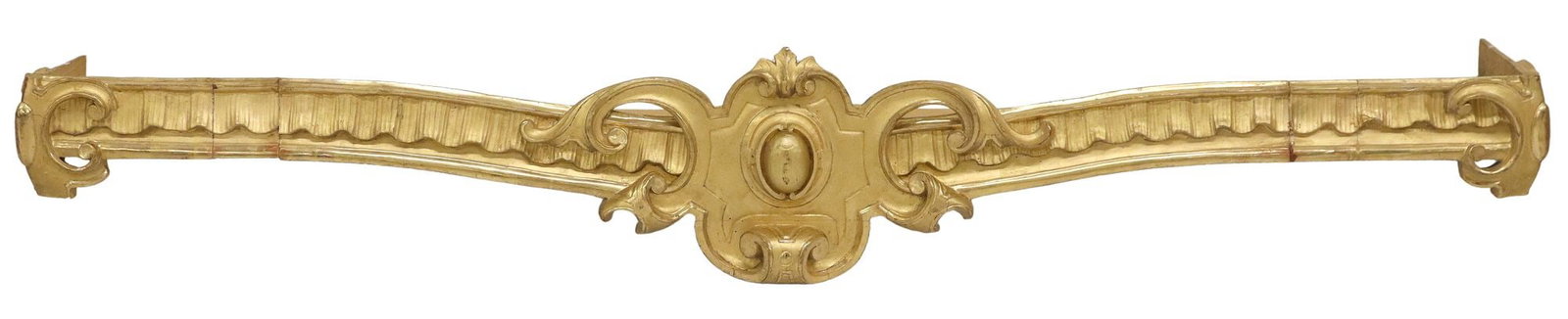 FRENCH LOUIS XV STYLE GILTWOOD CURTAIN VALENCE / PELMET: French Louis XV style giltwood curtain valence/ pelmet, late 19th c., having central shield with scrolled surround, on shaped frame with ribbed and scalloped trim, approx 11.75"h, 75"w,