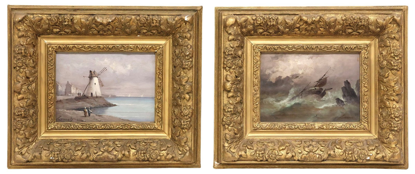 (2) LAMOIS FRENCH SCHOOL PAINTINGS STORM-TOSSED SHIP & WINDMILL: (lot of 2) Framed oil on panel paintings, signed Lamois (French, 19th/ 20th c.), including: (1) Storm-tossed ship wrecked on a rocky coast, signed lower right, (1) Shoreline with windmill, signed lowe