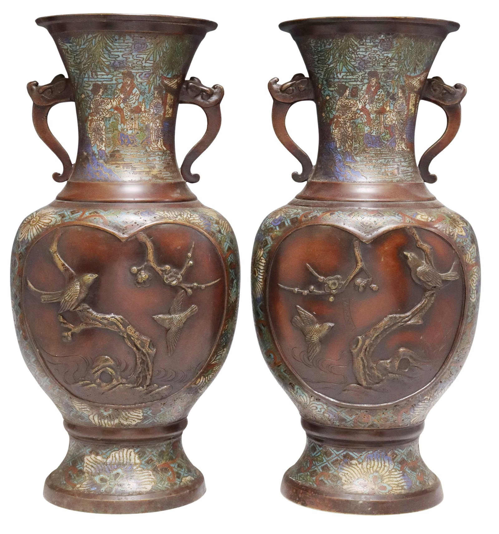 (2) LARGE JAPANESE MEIJI PATINATED BRONZE & CHAMPLEVE BALUSTER VASES: (pair) Japanese patinated bronze and champleve enamel vases, Meiji period (1868-1912), flared phoenix-tail neck flanked by dual serpentine handles, over baluster body with lotus medallions depict