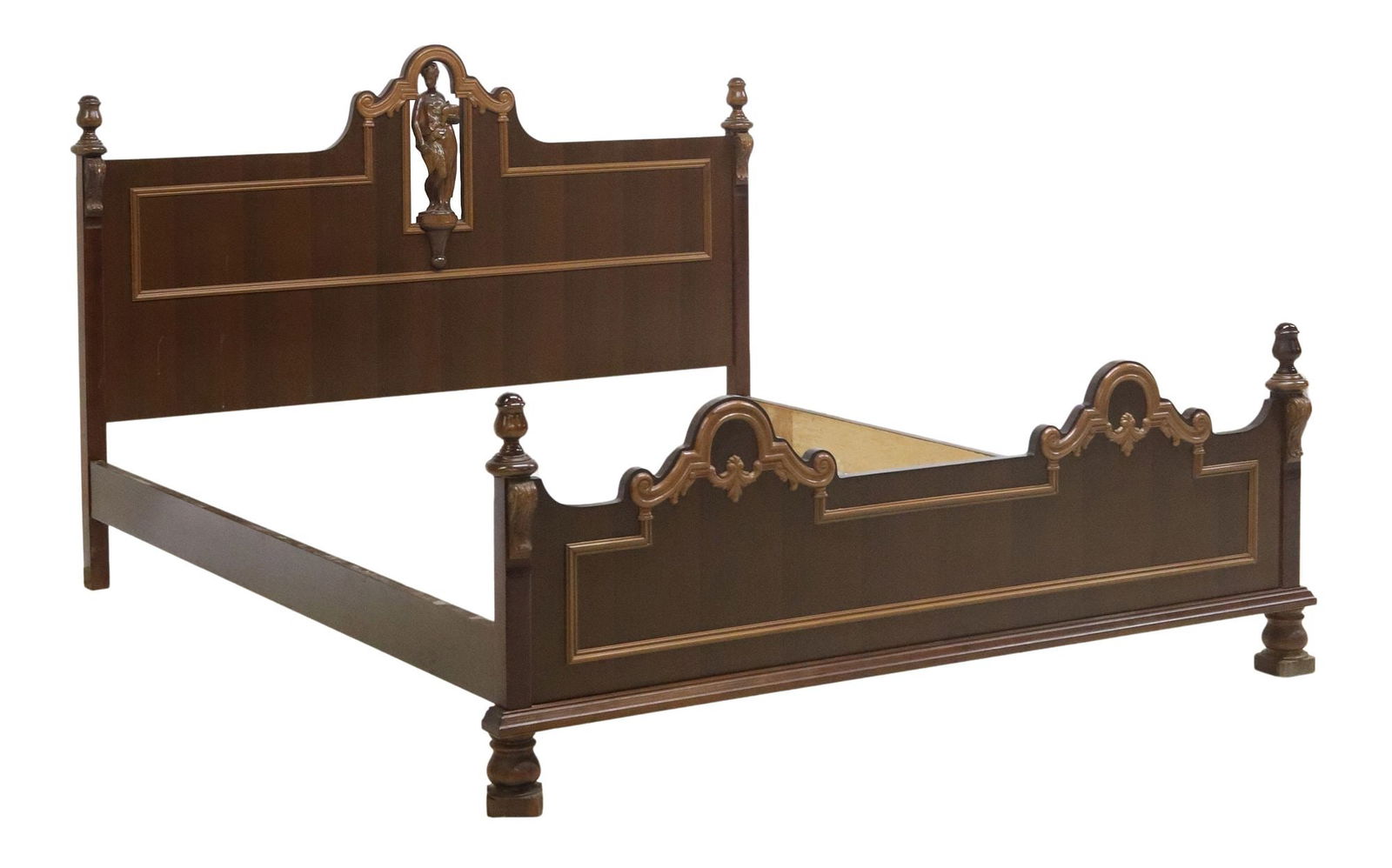 ITALIAN NEOCLASSICAL STYLE CARVED MAHOGANY BED: Italian Neoclassical style carved mahogany bed, 20th c. headboard with central arched cavity, enclosing standing female figure holding pheasant, flanked by turned finials, conforming paneled footboard