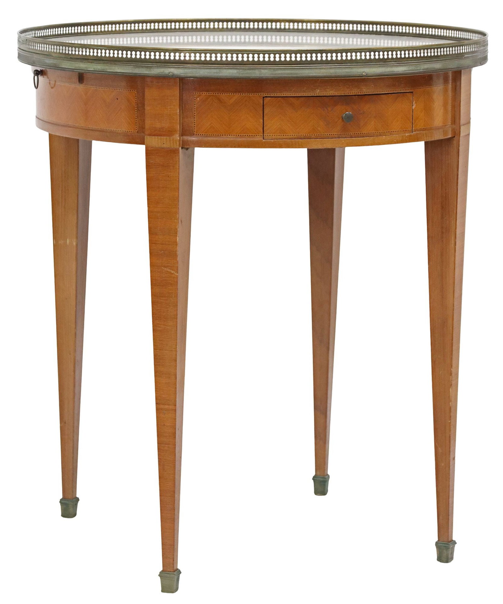 FRENCH LOUIS XVI STYLE MARBLE-TOP MATCHED VENEER BOUILLOTTE TABLE: French Louis XVI style bouillotte table, late 19th c., having inset marble top with pierced gilt metal gallery, above two drawers and two pull-out slides, each slide with embossed leather surface,&nbs