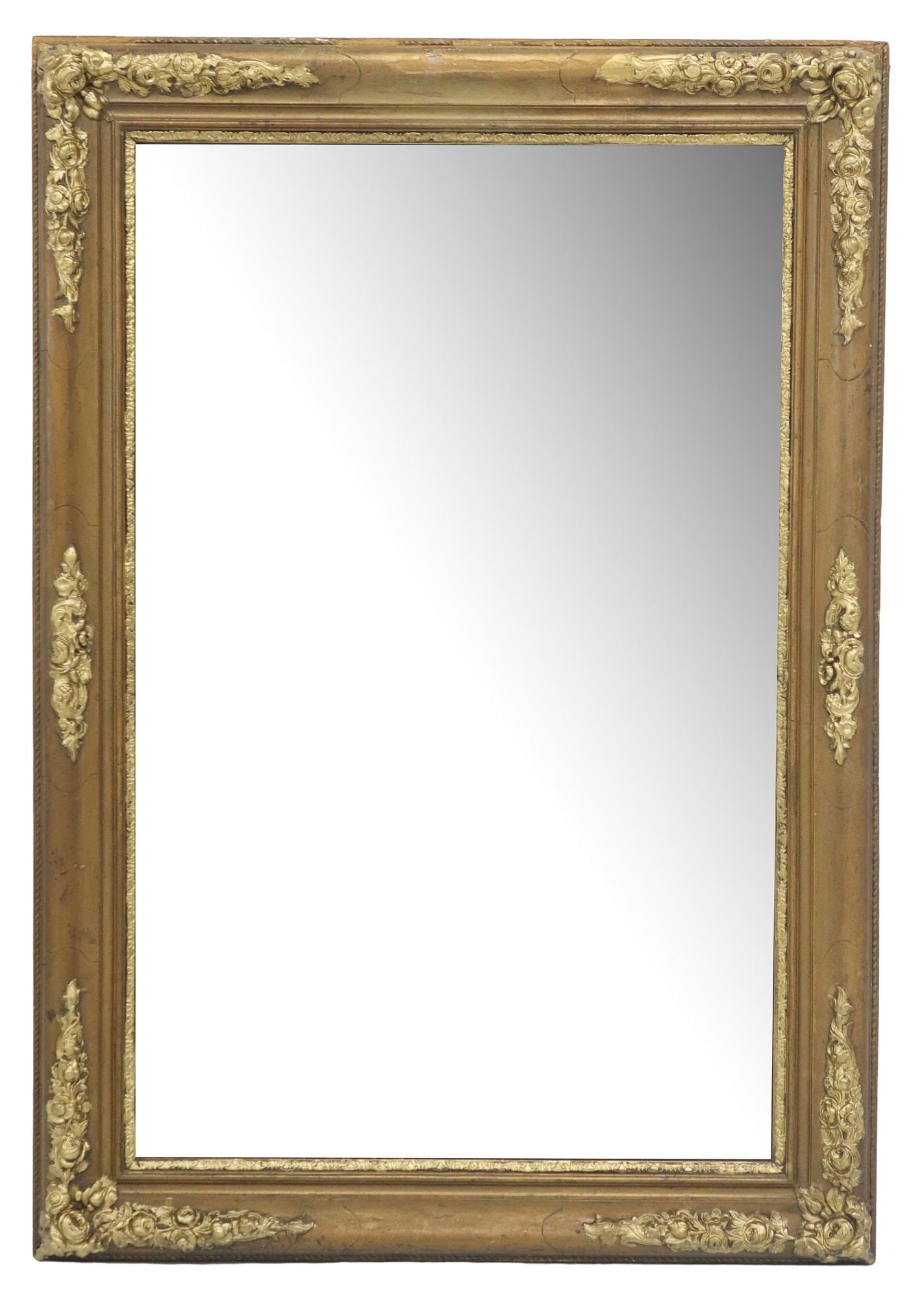 ITALIAN CARVED & GILT PAINTED FLORAL PICTURE FRAME MIRROR: Italian carved wood wall mirror, late 19th/ early 20th c., rectangular frame with raised floral motifs and molded trim, parcel gilt accents, encasing flat mirror plate, some minor silver loss to mirro