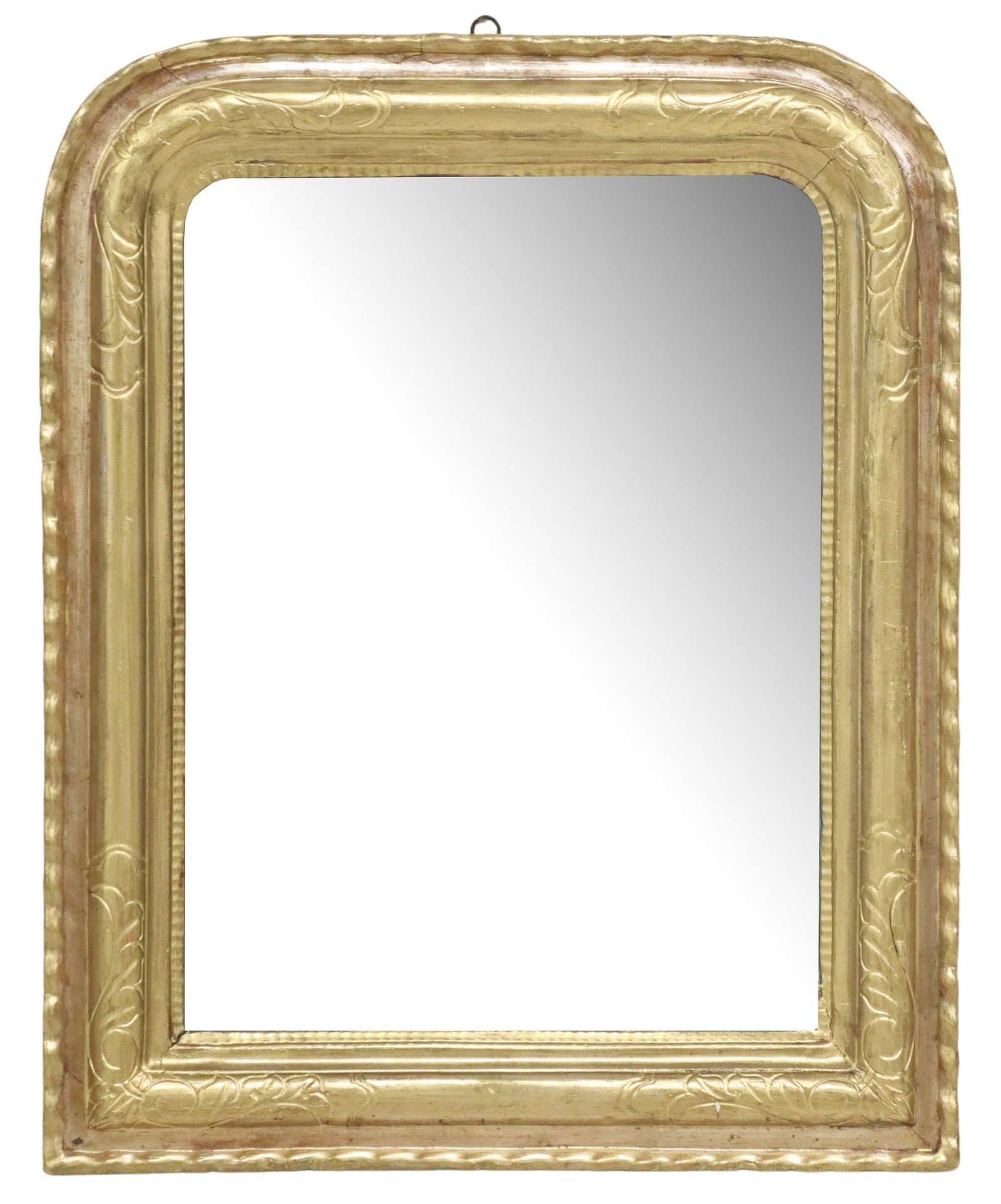 FRENCH LOUIS PHILIPPE PERIOD GILT PAINTED WALL MIRROR: French Louis Philippe period mirror, mid 19th c., having arched frame with incised foliate motifs, in a later gilt painted finish, encasing flat mirror plate, overall silver loss to mirror plate,