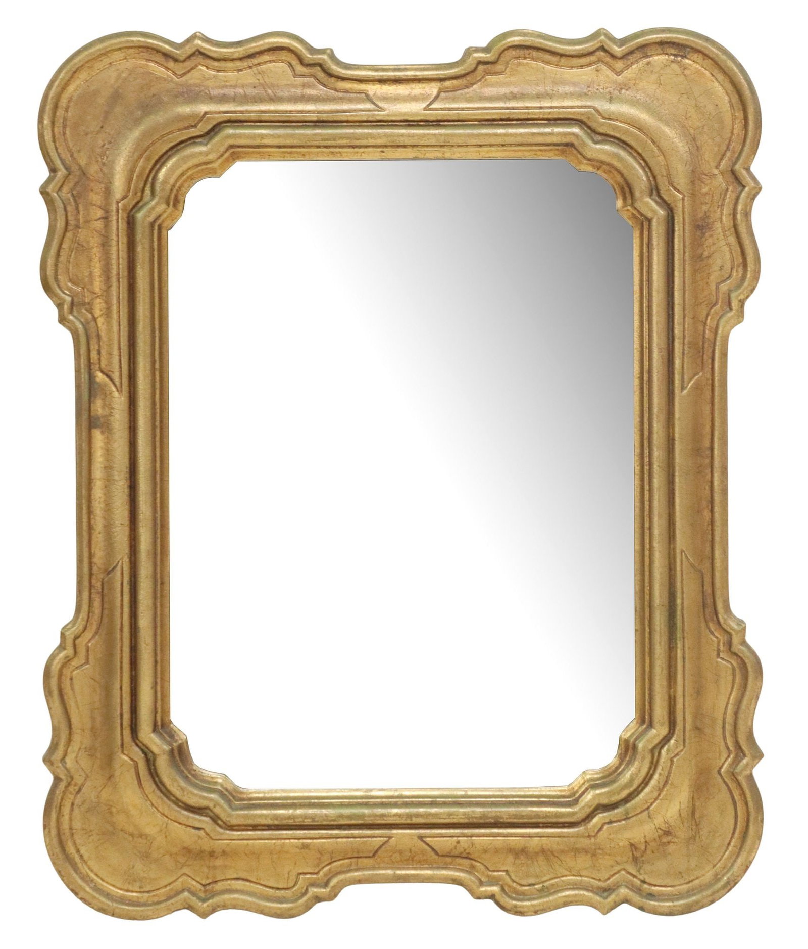 ITALIAN GILT PAINTED SHAPED FRAME WALL MIRROR: Italian gilt painted wall mirror, 20th c., having shaped frame with raised border, encasing flat mirror plate, approx 36"h, 29"w, 13lbs