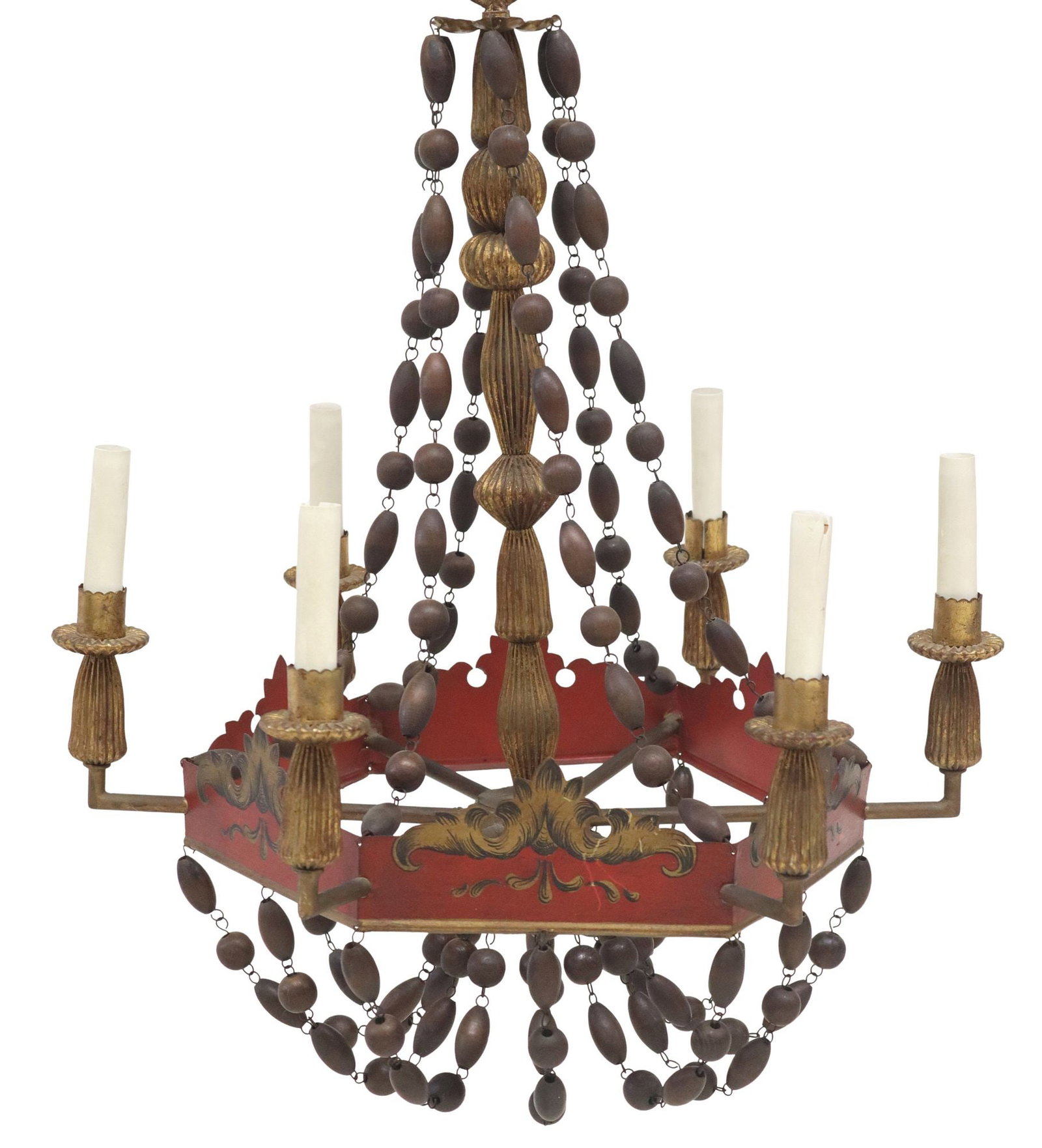 FRENCH TOLE PAINTED & WOOD BEADED 6-LT CHANDELIER: French tole painted Sac-De-Pearl form six-light chandelier, 20th c., issuing six arms, each terminating on faux candle, gilt metal turned and fluted standard, hung with wood beads, join
