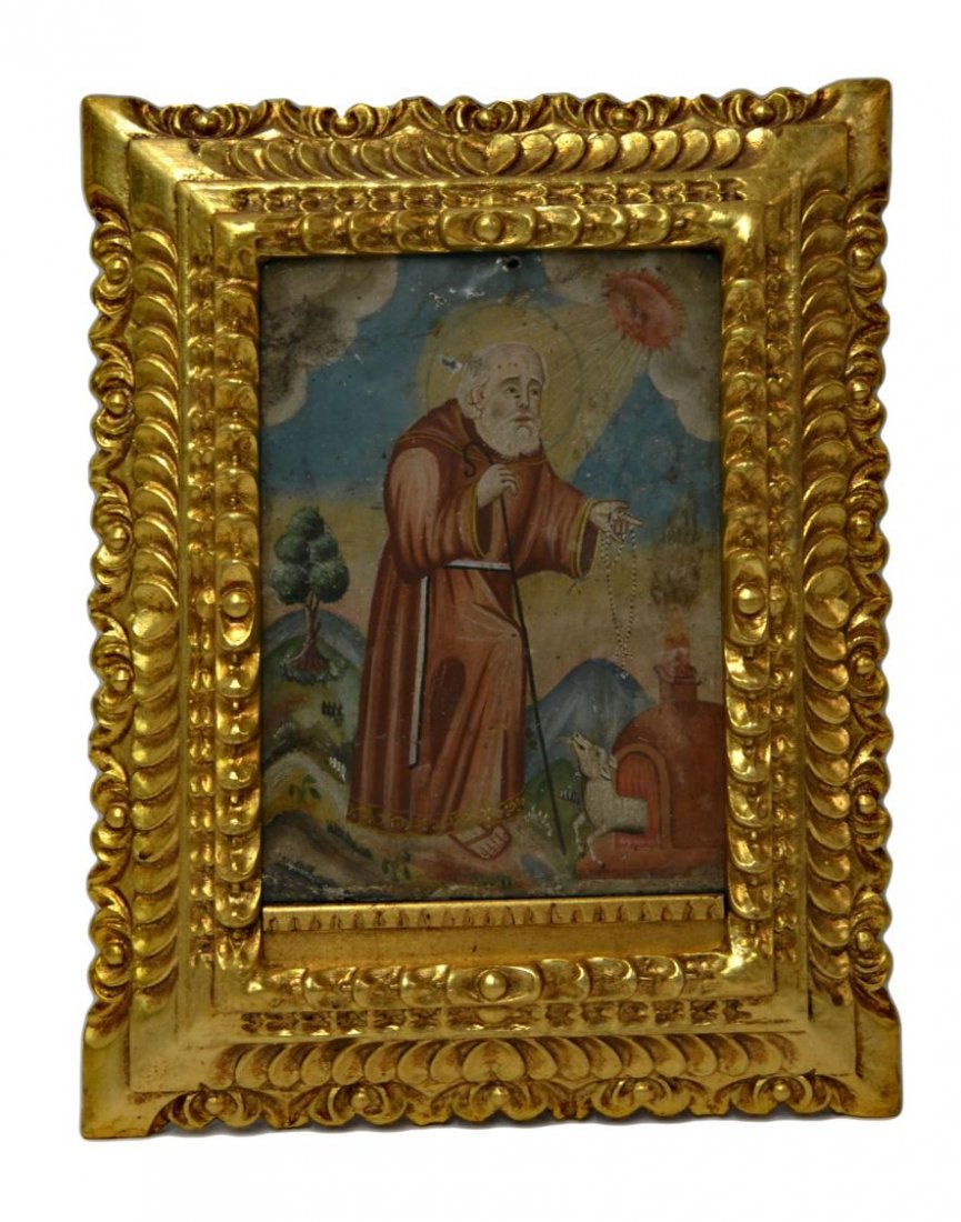 ANTIQUE MEXICO RELIGIOUS PAINTING ON TIN, RETABLO: Retablo, framed oil painting on tin, Saint Francis, San Francisco, anonymous, Mexico, 19th c., paint loss, mounting hole top center, mounted in ornate gilt frame, sight: 9.75"h, 6.75"w, 1.75lbs Start 