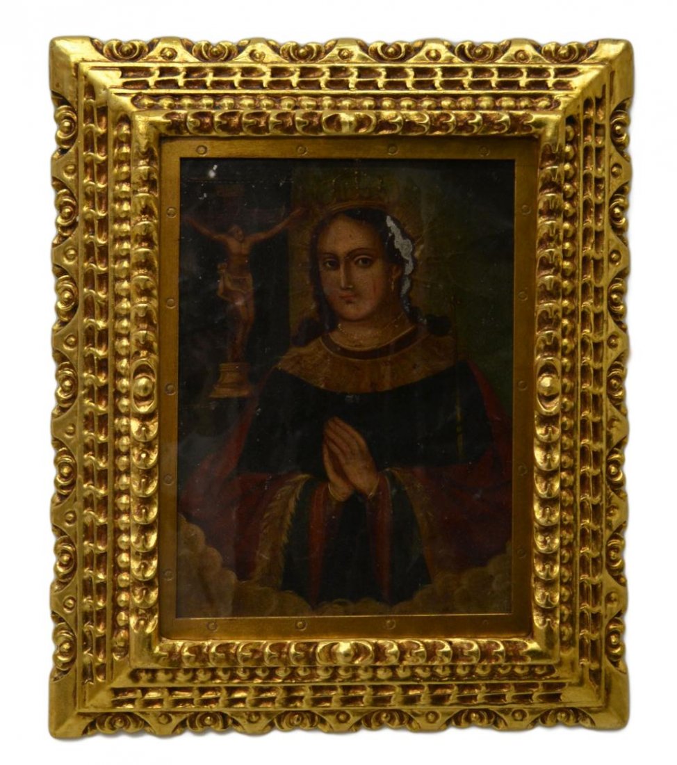 ANTIQUE MEXICO RELIGIOUS PAINTING ON TIN, RETABLO: Retablo, framed oil painting on tin, St. Hedwig, Santa Heduvige, anonymous, Mexico, 19th c., housed in ornate gilt frame, paint loss at right of face, sight: 13.25"h, 9.5"w, overall: 21"h, 17"w, 4.75l