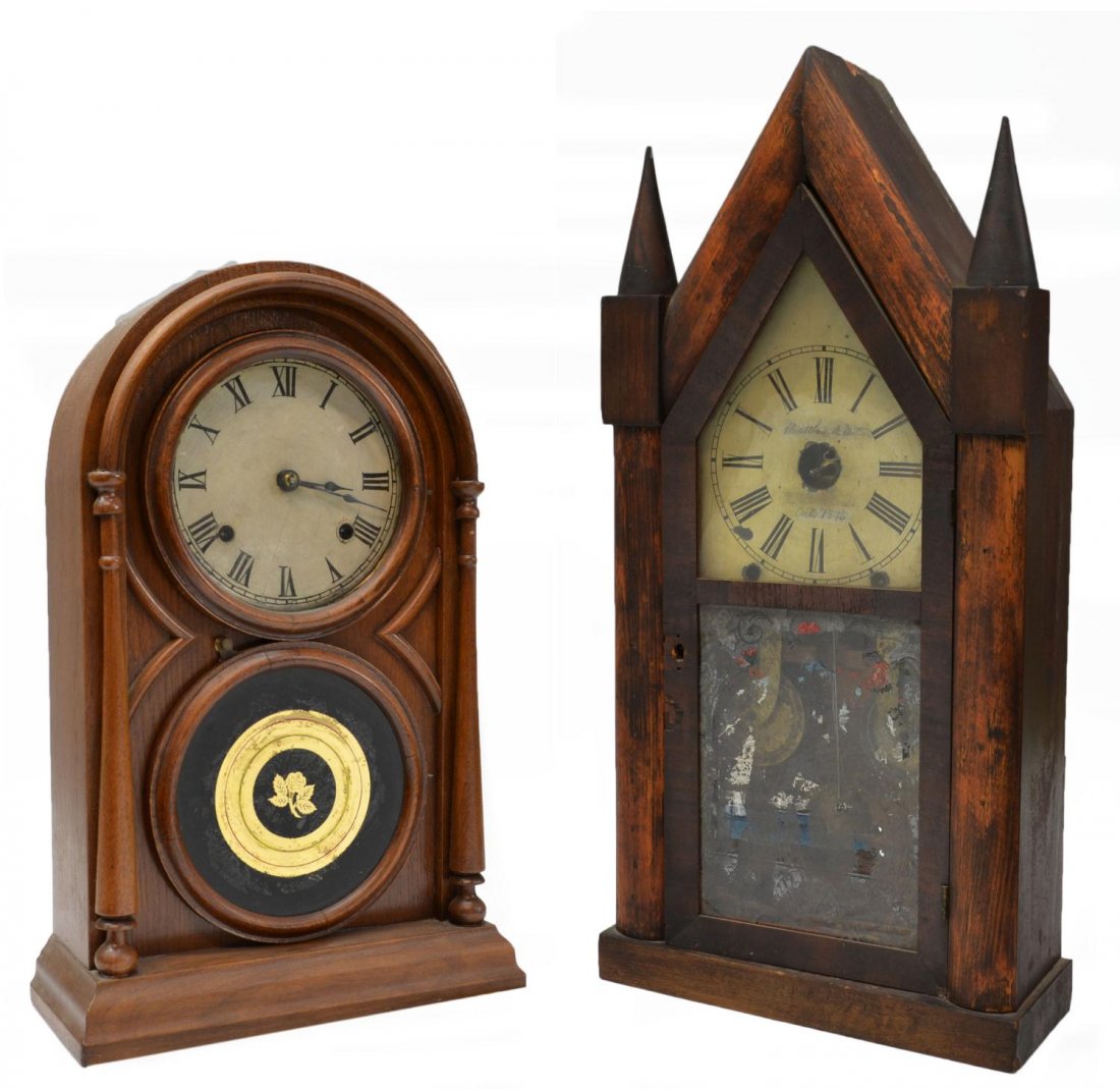 (2) AMERICAN ATKINS & CHAUNCEY JEROME SHELF CLOCKS: (lot of 2) American shelf clocks, comprising: (1) walnut time and strike beehive clock, Atkin's Company of Bristol, CT, flanking columns, circular dial opening and lower reverse painting of a rose on 