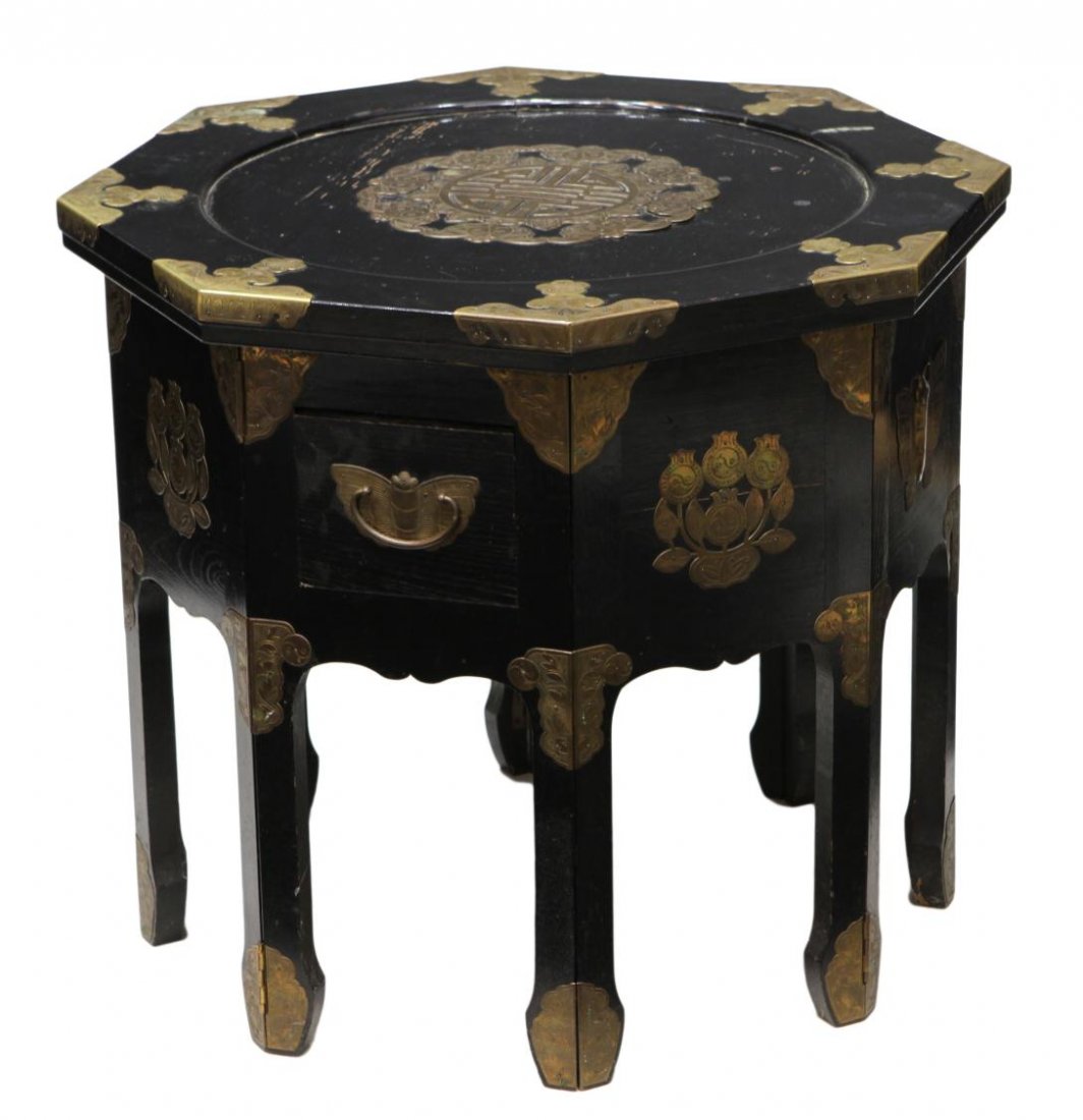 CHINESE GILT METAL MOUNTED OCTAGONAL TABLE: Chinese octagonal side table with gilt brass mountings, including foliates, bats and auspicious symbols, two drawers, one having interior cover, hinged collapsible base, some loss to paint, 22.25"h, 2