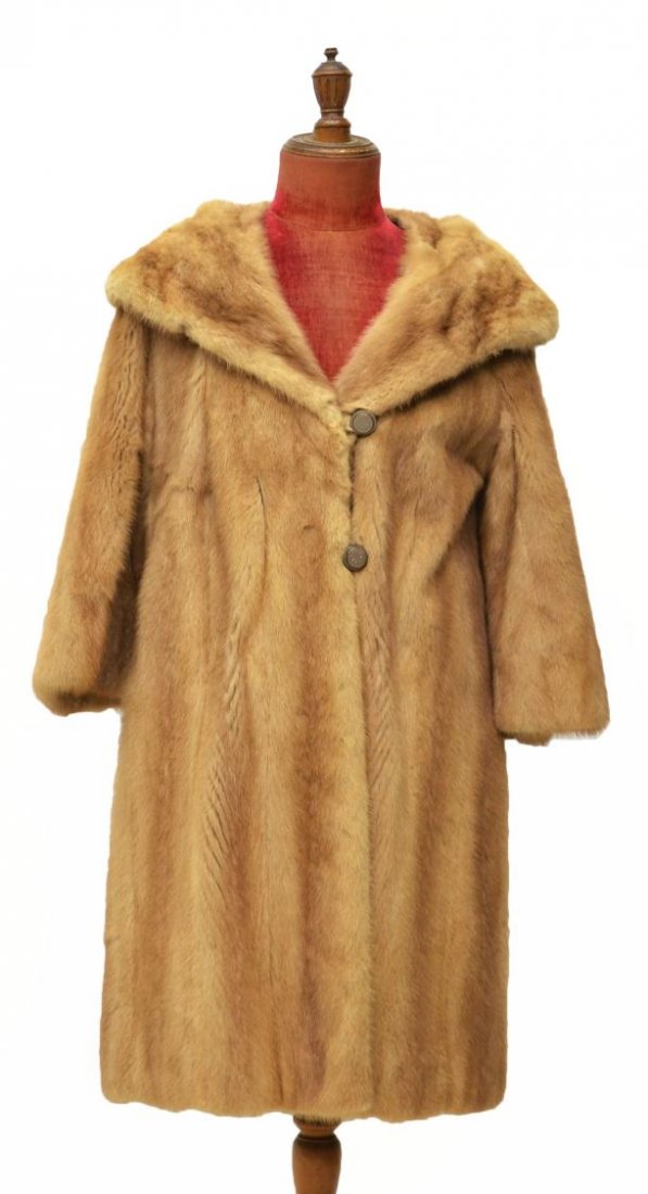 LADIES VINTAGE COLUMBIA FURS MINK COAT: Vintage ladies light brown mink coat, Columbia Furs, Summit NJ, buttoned front, lining containing personalized stitching/identification and pockets, some spotting on bottom interior, approx 18"w (shou