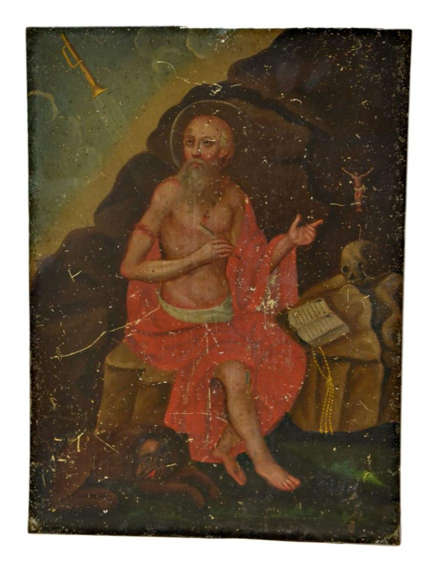 ANTIQUE RELIGIOUS OIL PAINTING, MEXICO RETABLO: Unframed retablo, oil on tin, St. Jerome, anonymous, Mexico, 19th c., surface scratches resulting in some paint loss, small mounting hole at top center, 17"h, 12.5"w, 1lb Start Price: $200.00