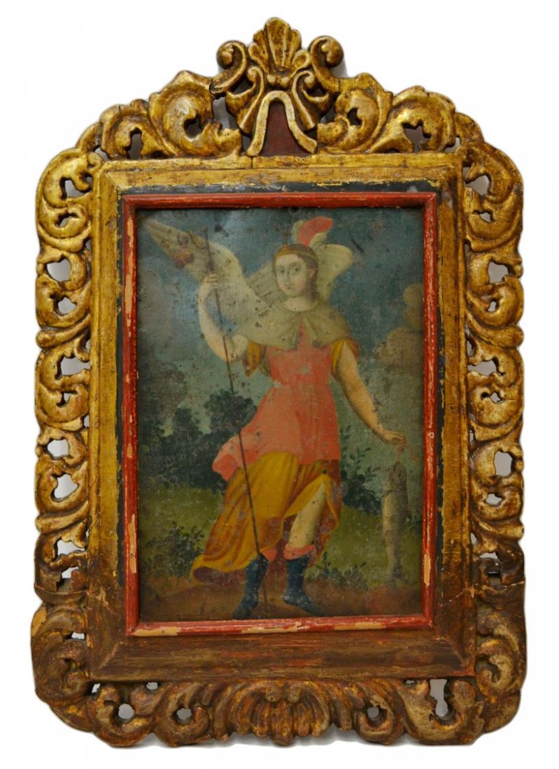 ANTIQUE MEXICO RELIGIOUS PAINTING ON TIN, RETABLO: Retablo, framed oil painting on tin, The Archangel St. Raphael, anonymous, Mexico early 19th c., mounted in period parcel gilt worn polychrome wood frame, sight: 12.5"h, 8.5"w, overall: 23"h, 15.25"w,