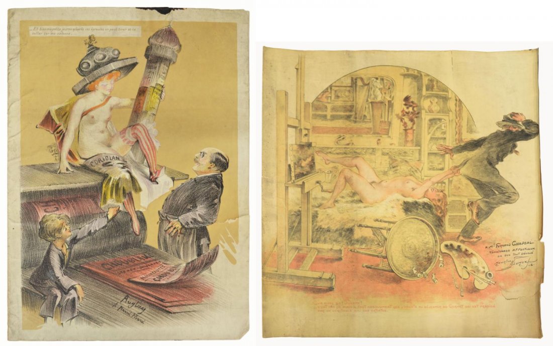(2) FRENCH RISQUE NUDE MENU ILLUSTRATIONS: (lot of 2) French risque menu illustrations with captions, early 20th c., various humor and nude scenes, from the estate of Octave Linet (France, 1870-1962), comprising: (1) print after Auguste Auglay