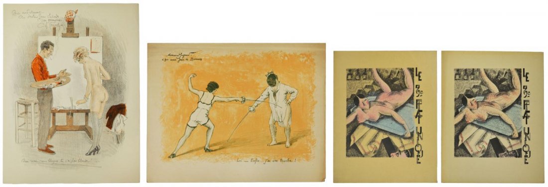 (4) FRENCH RISQUE NUDE MENU ILLUSTRATIONS: (lot of 4) French risque menu illustrations with captions, early 20th c, various humor and nude scenes, from the estate of Octave Linet (France, 1870-1962), comprising: (2) hand colored abstract nude 