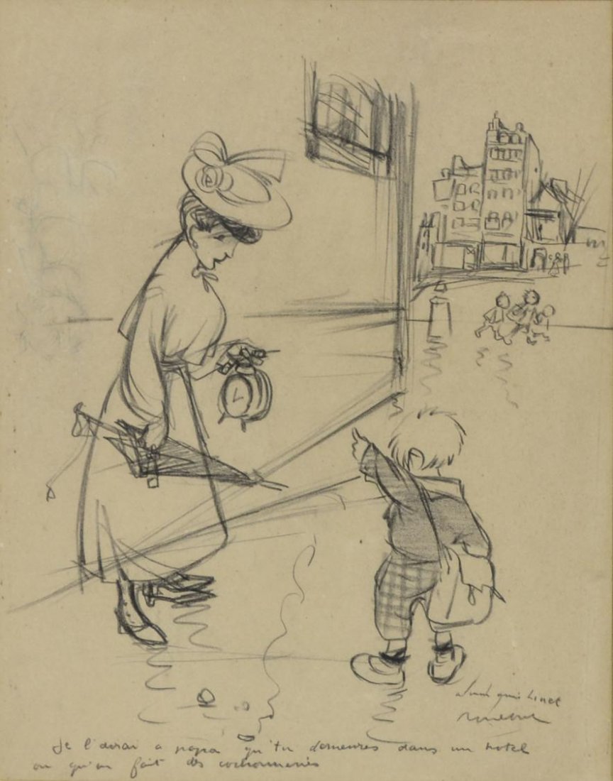 FRAMED DRAWING ON PAPER, F. POULBOT TO O. LINET: Framed figural drawing on paper, Mother and Child, attributed to Francisque Poulbot (France, 1879-1946), with sentiment to Linet (Octave Linet, France, 1870-1962), some spotting, sight: 13"h, 10.25"w,