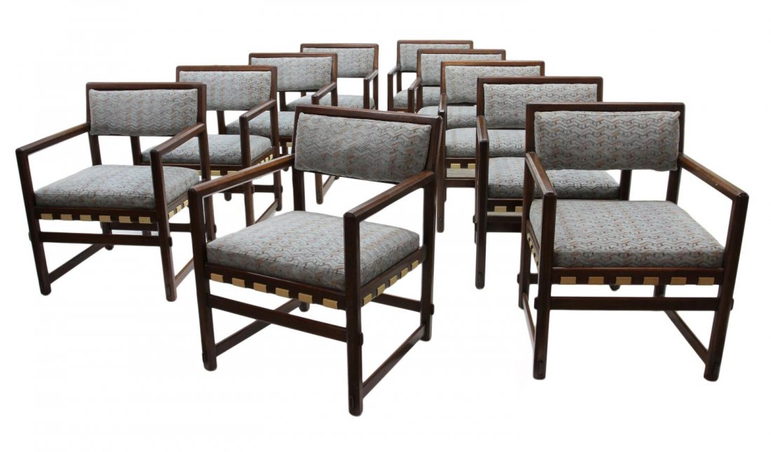 (10) DUNBAR MID-CENTURY MODERN ARM CHAIRS, WORMLEY: (10) Modern walnut arm chairs, design by Edward Wormley for Dunbar Furniture, slanted cushioned back with squared arms a cushioned seat with supported by exposed upholstery straps, set on turned legs 