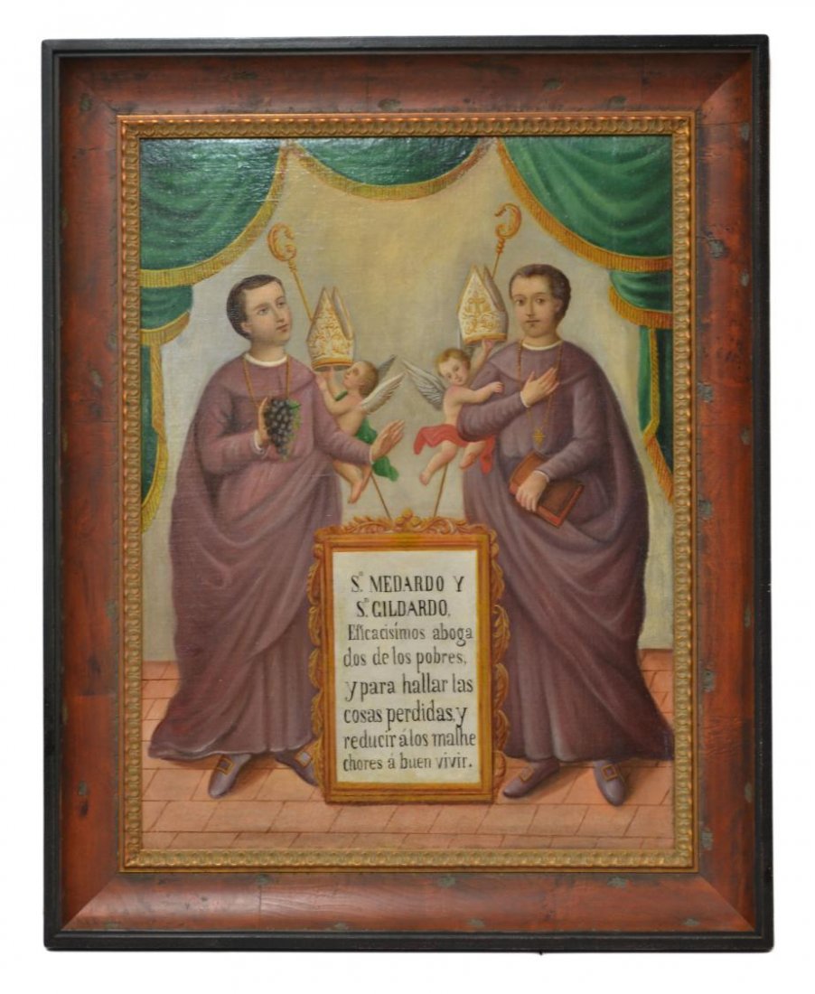 ANTIQUE RELIGIOUS OIL PAINTING, MEXICO, 19TH C.: Framed oil painting on canvas, St. Medardo, St.Gildardo, by some tradition they were twin brothers, both were bishops, anonymous, Mexico, 19th c., sight: 33"h, 24.5"w, overall: 42"h, 33.5"w, 26.5lbs S