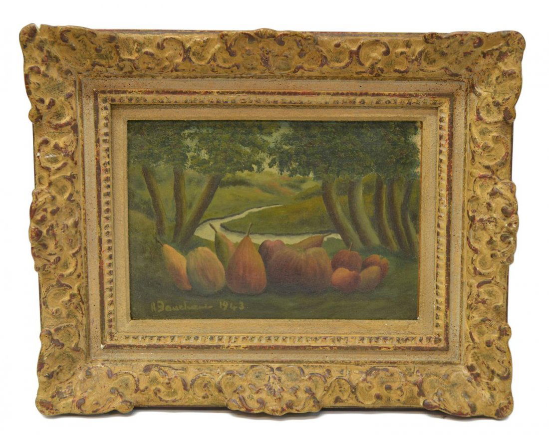 FRAMED OIL ON BOARD, STILL LIFE, ANDRE BAUCHANT: Framed oil painting on board, Fruit Still Life Beneath the Trees, signed and dated lower left A. Bauchant 1943, (Andre Bauchant, France, 1873-1958) sight: 9.25"h, 13.25"w, overall: 17.5"h, 21.5"w, 8.5
