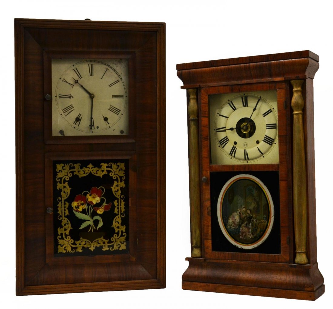 (2) SETH THOMAS & JEROME OGEE CLOCKS: (lot of 2) American mahogany time and strike ogee clocks, c. 1860s, having square face with roman numerals, comprising: (1) Jerome & Company, bottom glass door with foliate motif enclosed by a gilt sc