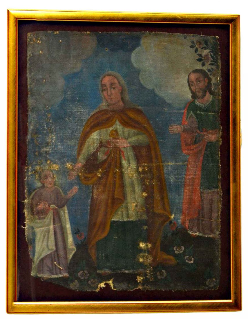 ANTIQUE RELIGIOUS OIL PAINTING, MEXICO 18th/19th C: Framed Spanish Colonial oil painting on canvas, The Holy Family, Christ, Mary, Joseph, Mexico, 18th/19th c., anonymous, the canvas laid flat under glass, holes, tears, 21.75"h, 17"w, overall: 25.5"h, 