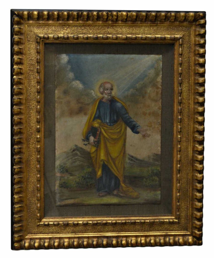 ANTIQUE MEXICO RELIGIOUS PAINTING ON TIN, RETABLO: Retablo, framed oil painting on tin, St. Peter, anonymous, Mexico, mid 19th c., gilt and black frame, sight: 13.75"h, 9.7/8"w, overall: 22.25"h, 18.25"w, 7.5lbs Start Price: $300.00