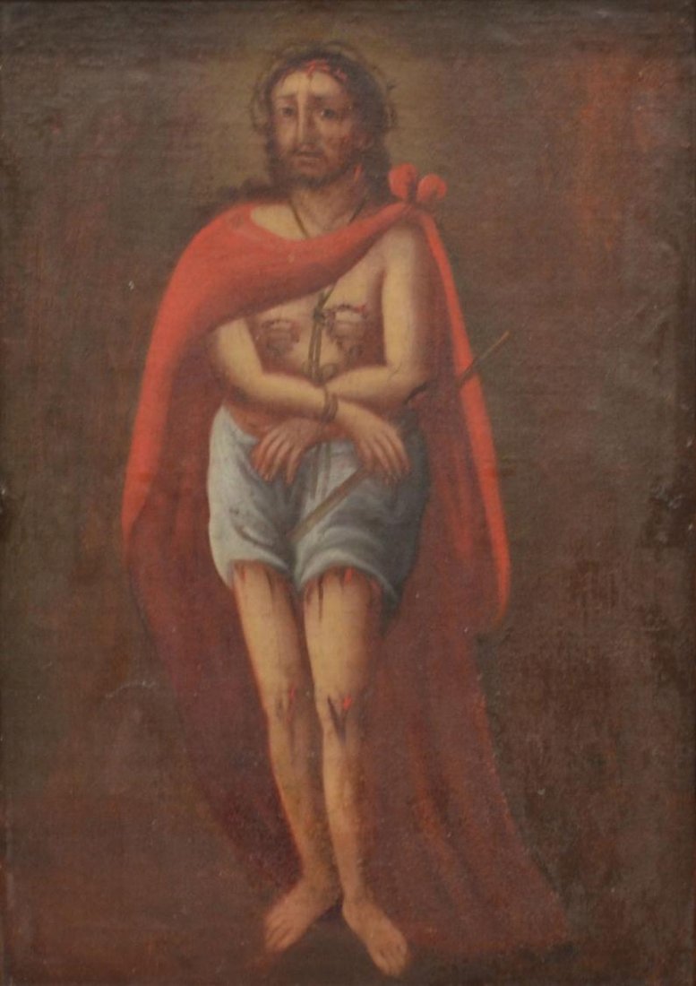ANTIQUE RELIGIOUS OIL PAINTNG MEXICO 18TH/19TH C.: Framed Spanish Colonial oil painting on canvas, relaid on canvas, The Scourged Christ, anonymous, Mexico, 18/19th c., sight: 21.25"h, 15"w, overall: 27"h, 20.75"w, 6.25lbs Start Price: $300.00