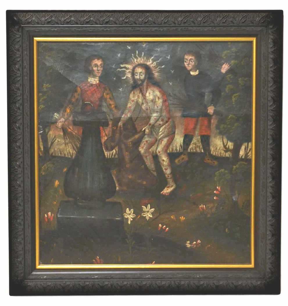 ANTIQUE RELIGIOUS OIL PAINTING, MEXICO, 18TH C.: Framed Spanish Colonial oil painting on canvas, The Scourged Christ and His Tormentors, anonymous, Latin America, 18th c., sight: 20.75"h, 19.75"w, overall: 26.5"h, 25.5"w, 6.75lbs Start Price: $500.0