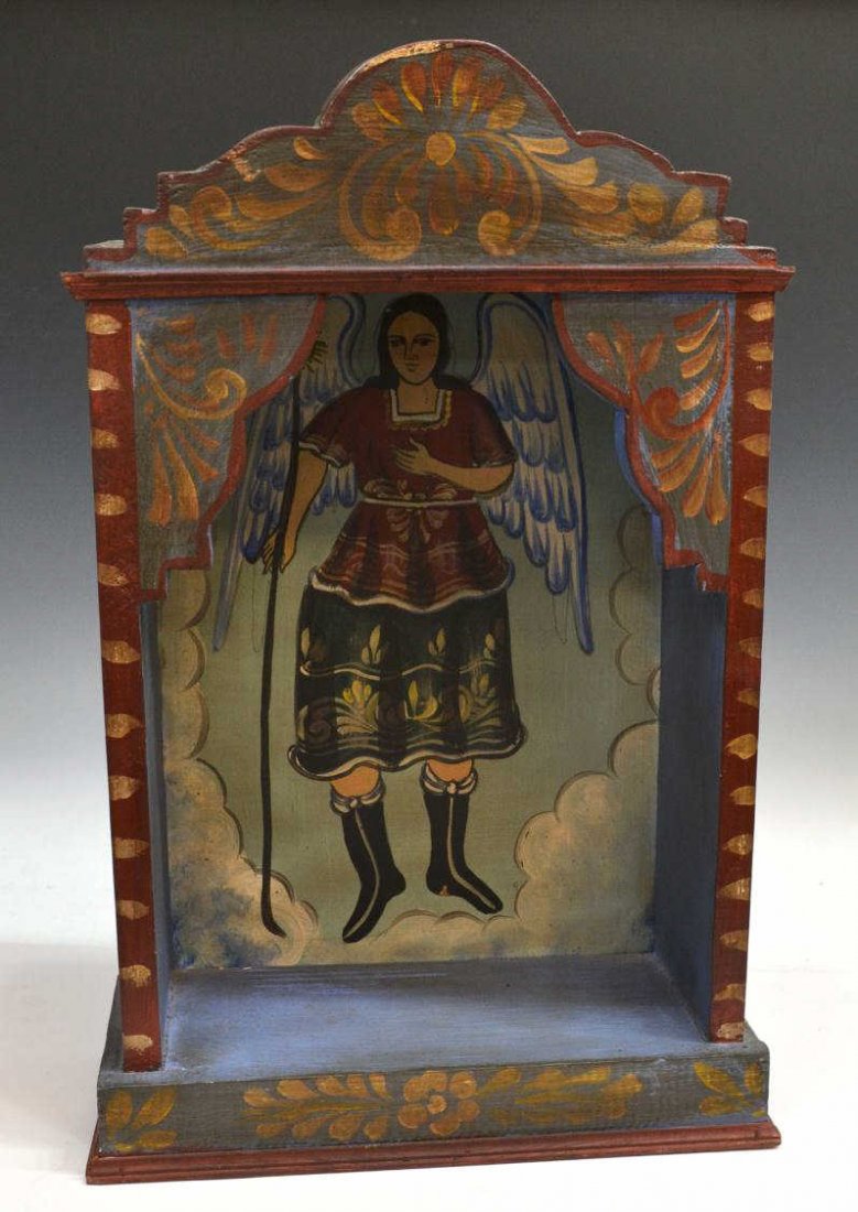 POLYCHROME ARCHANGEL ALTAR NICHE, MEXICO: Polychrome wood altar niche with a painted depiction of an archangel, Mexico, 20th c., 25.75"h, 17"w, 7"d, 9.5lbs Start Price: $80.00