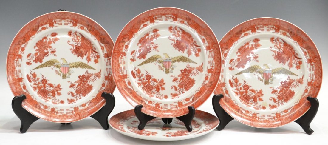 (4) MOTTAHEDEH PORCELAIN BICENTENNIAL PLATES: (lot of 4) Mottahedeh porcelain plates, in the Bicentennial '1776-1976' pattern, centered the 'Diplomatic' design with an eagle, enclosed by the 'Fitzhugh Cinnabar' motif border, approx. 10.25"diam, 5