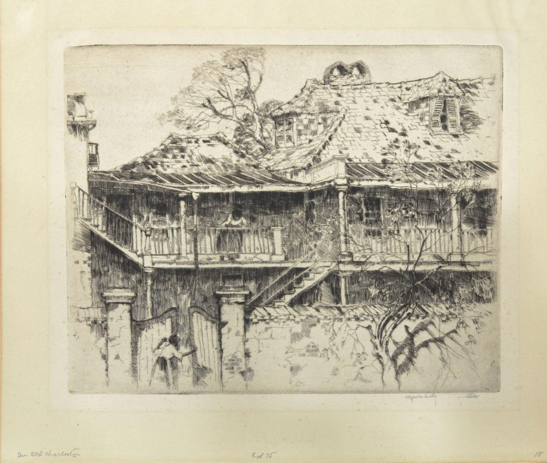 ETCHING, IN OLD CHARLESTON, ALFRED HERBER HUTTY: Framed drypoint etching on paper, "In Old Charleston," c, 1930, pencil signed lower right Alfred Hutty with snail cypher (Alfred Herber Hutty, American, 1877-1954), titled behind mat, edition 75, numb