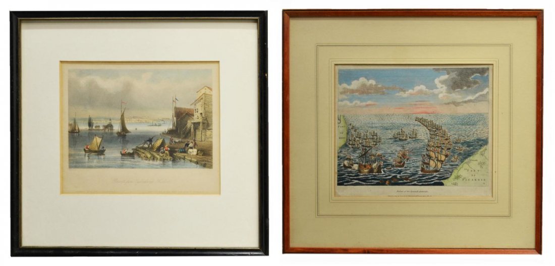 (2) COLORED ENGRAVINGS, SPANISH ARMADA & HARBOUR: (lot of 2) Framed colored engravings, comprising: (1) "Prescott from Ogdensburgh Harbour," by J.C. Bentley (Joseph Clayton Bentley, British,1809-1851) after W.H. Bartlett (William Henry Bartlett, Brit