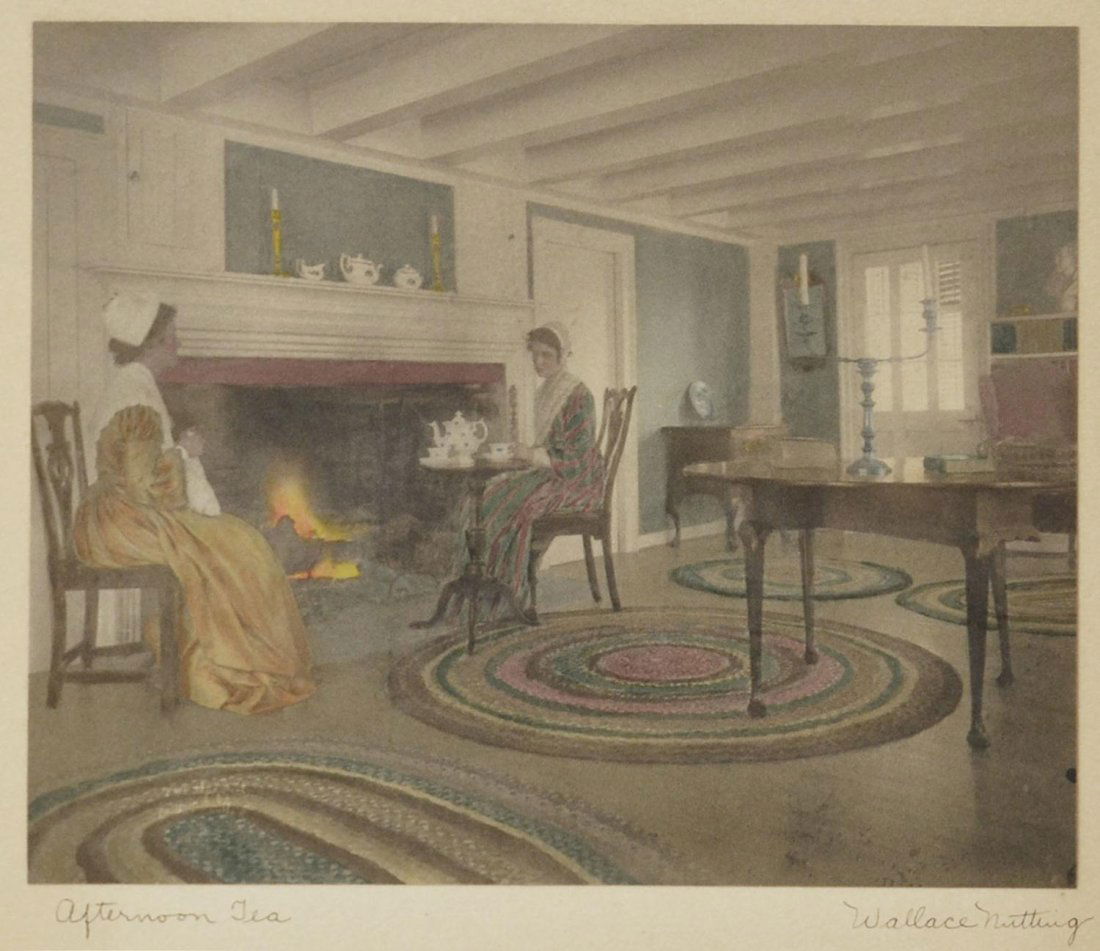 FRAMED WALLACE NUTTING, AFTERNOON TEA: Framed colored print on paper, "Afternoon Tea" (Studio #703), signed and titled Wallace Nutting (American, 1861-1941), copyright 1909, some water stains as pictured, sight: 7.5"h, 9.5"w, overall: 14"h