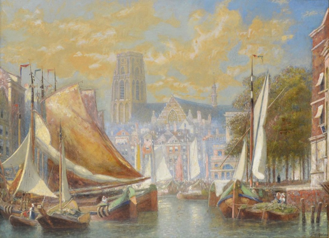 PAINTING: HARBOR WITH SAIL BOATS, SIGNED: Framed oil painting on board, Harbor, Sail Boats and Cathedral, signed lower right J.G. Andrews, sight: 19.25"h, 26.25"w, overall: 27.25"h, 34.25"w, 9lbs Start Price: $100.00