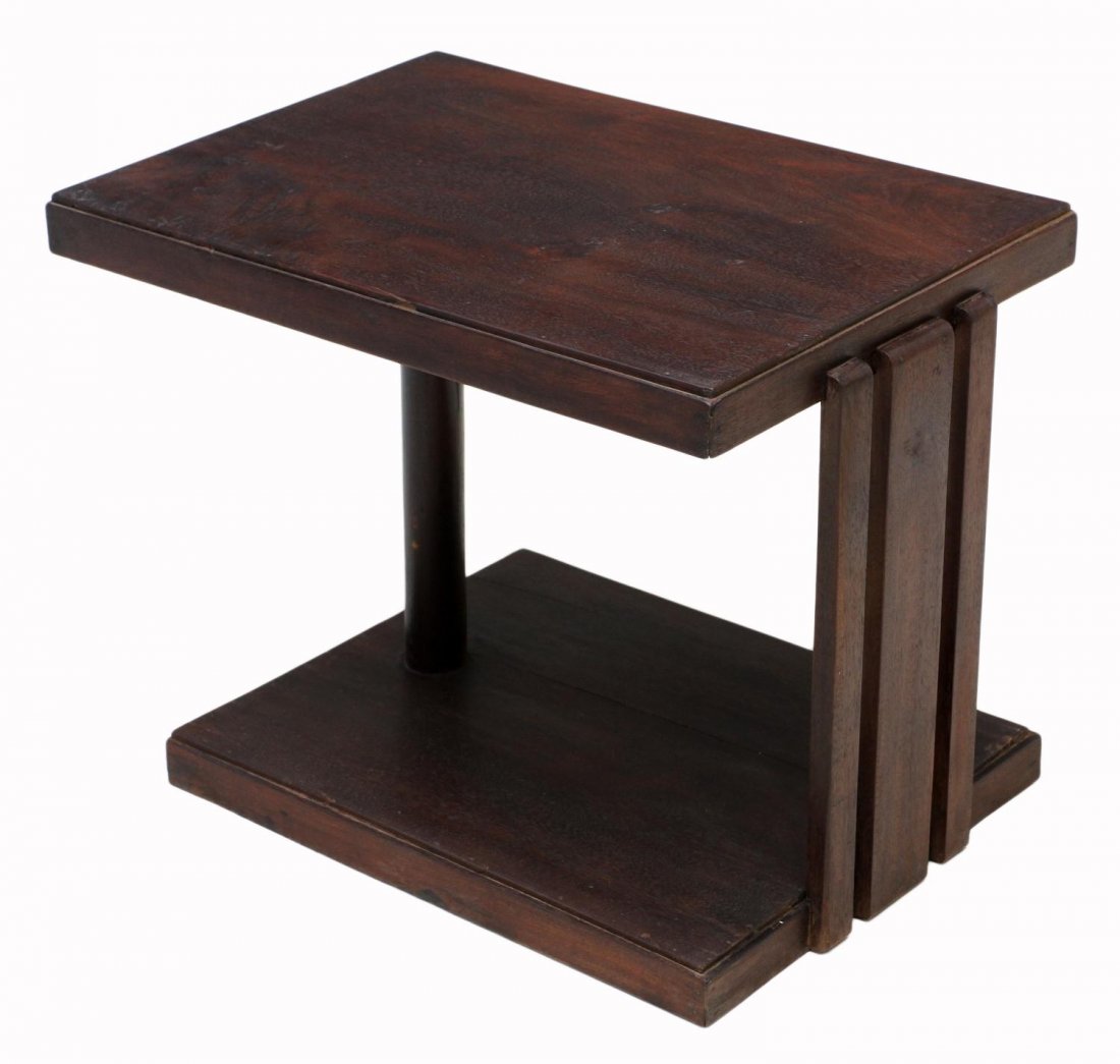 FRENCH COLONIAL ART DECO MAHOGANY SIDE TABLE: French Colonial Art Deco mahogany side table, the rectangular top rising on three slats and a cylindrical support, on a conforming solid base, some splits with age, 21"h, 27.75"w, 19.5"d (8E057) Start