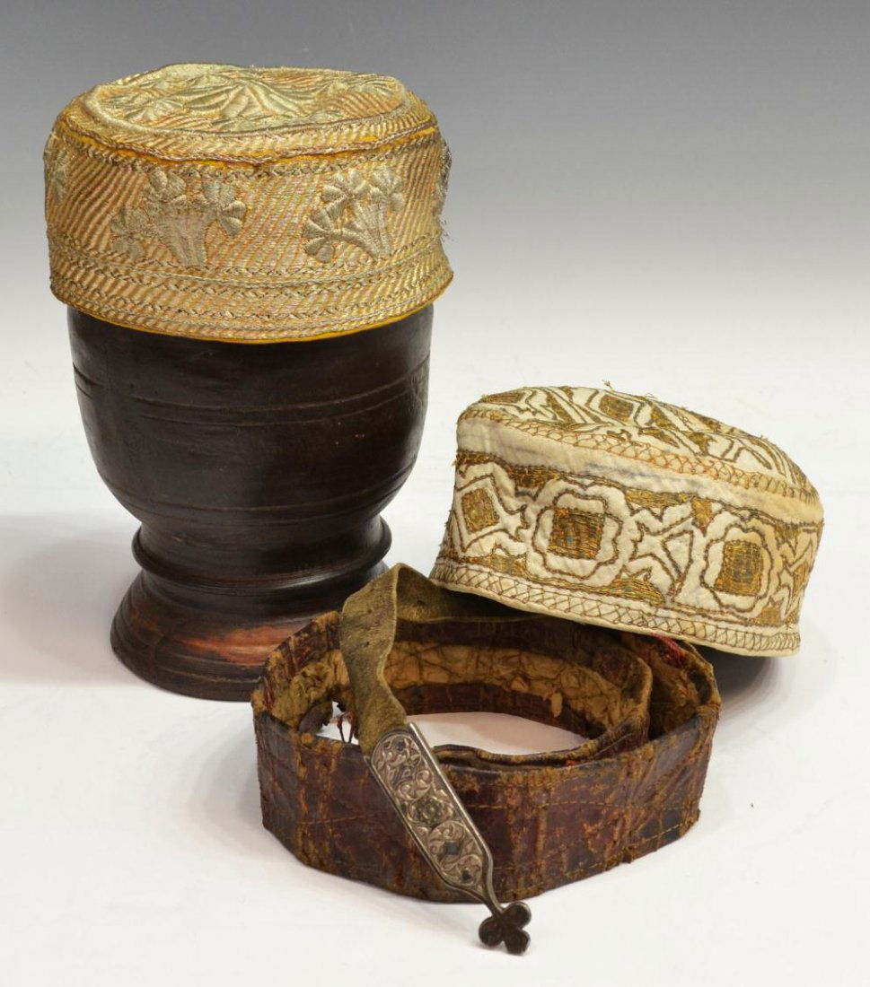 (3) VINTAGE / ANTIQUE TURKISH FEZ HATS & BELT: (lot of 3) Turkish vintage and antique accessories, comprising: (1) leather belt with silver buckle, buckle having one side with relief scrolling foliates, verso with figure and lettering, mark as pic