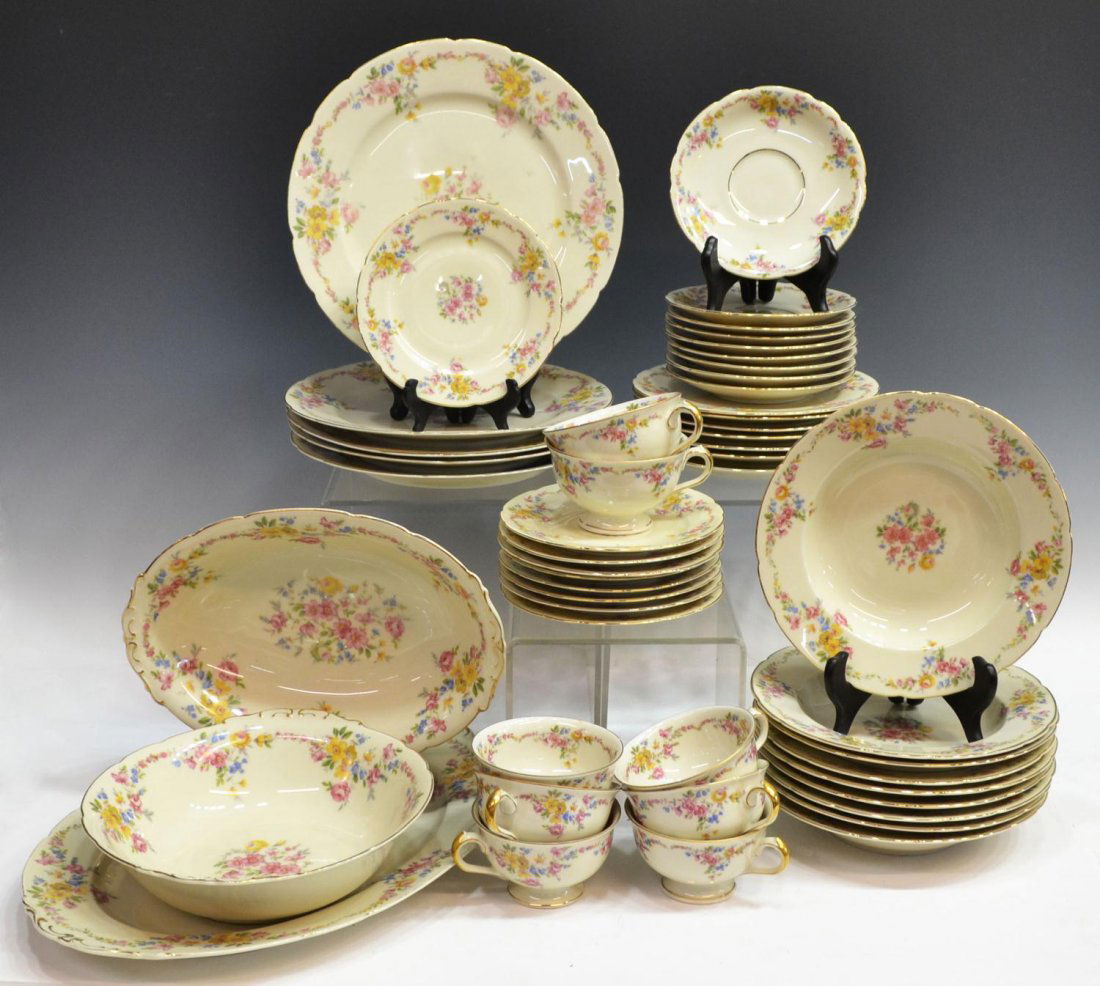 (50) KPM ROYAL IVORY 'YALE' PARTIAL DINNER SERVICE: (set of 50) KPM porcelain part dinner service, Royal Ivory 'Yale' patter, each having gilt rim with floral motif, comprising: (5) dinner plates, 10.25"d; (7) salad plates, 7.5"d; (9) bread plates, 6"d